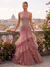 One-Shoulder Pleated Tulle Prom Dress with Crystal Cutout Waist and Ruffled Tiered Skirt