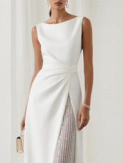 A Line White Chiffon Round Neck Sleeveless Floor Length Dress With Sequins