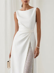A Line White Chiffon Round Neck Sleeveless Floor Length Dress With Sequins