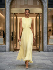 Yellow Ruched Chiffon Crew Neck Sleeveless A-Line Maxi Dress Gown