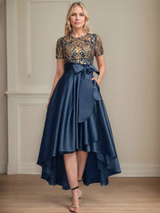 A-line Scoop Asymmetrical Satin Sequin Lace Mother of the Bride Dress With Bow
