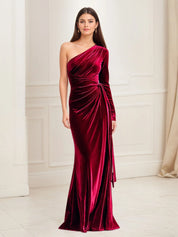 Sheath/Column One Shoulder Long Sleeve Ruched Velvet Floor Length Evening Dress