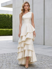 One Shoulder Tiered Ruffle Satin Mermaid Evening Gown with Sculptural Layers