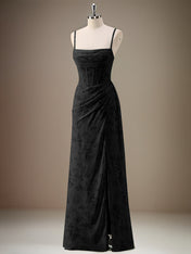 Black Sheath Spaghetti Straps Pleated Long Bridesmaid Dress with Slit