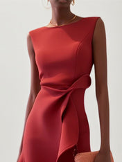 A Line Red Stretch Crepe Round Neck Sleeveless Knee Length Dress