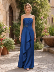 Royal Blue Sweetheart Strapless Pleated Satin Evening Dress