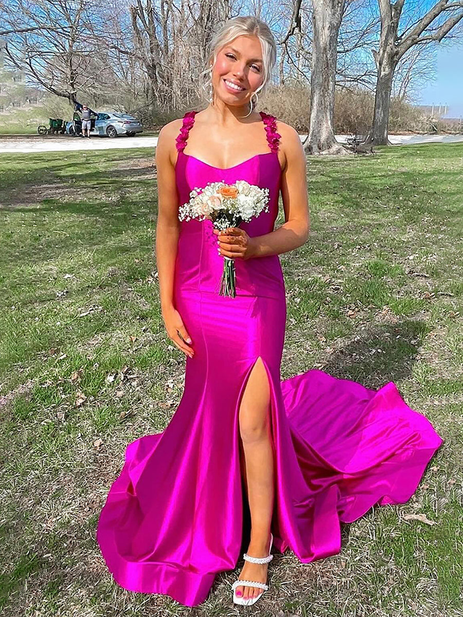 Red Mermaid Flowers Straps Long Prom Dress with Slit