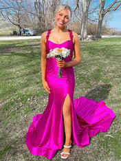 Red Mermaid Flowers Straps Long Prom Dress with Slit