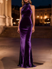 Purple Halter Neck Mermaid Long Velvet Holiday Party Dress