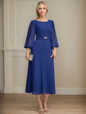 A-line Scoop Tea-Length Chiffon Mother of the Bride Dress With Crystal Brooch Pleated