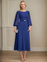 A-line Scoop Tea-Length Chiffon Mother of the Bride Dress With Crystal Brooch Pleated