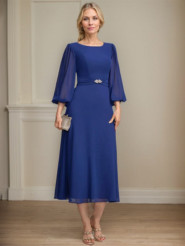 A-line Scoop Tea-Length Chiffon Mother of the Bride Dress With Crystal Brooch Pleated