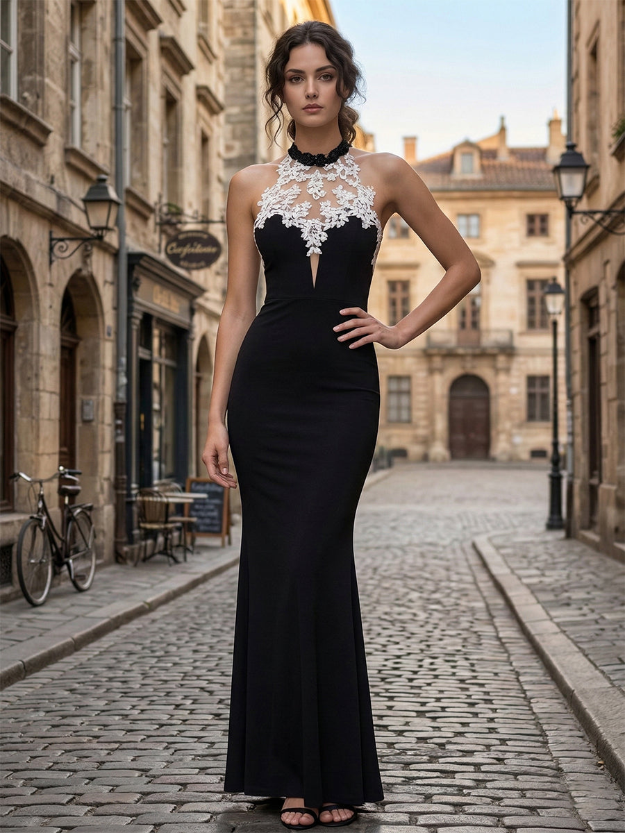 Black Halter Neck Lace Panel Maxi Evening Gown