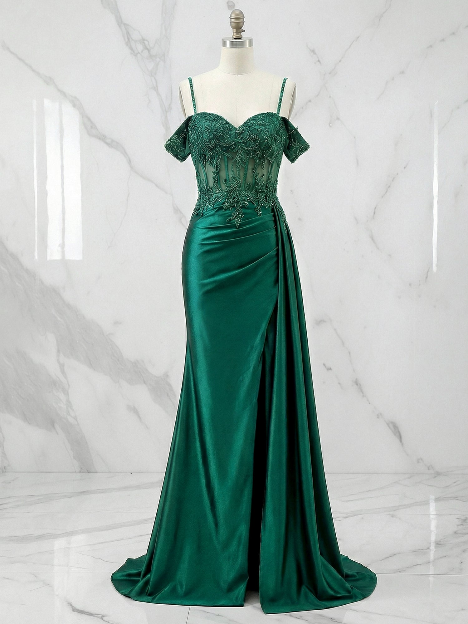 Emerald Green Beaded Corset Satin Long Prom Dress