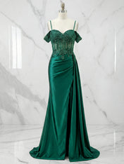 Emerald Green Beaded Corset Satin Long Prom Dress