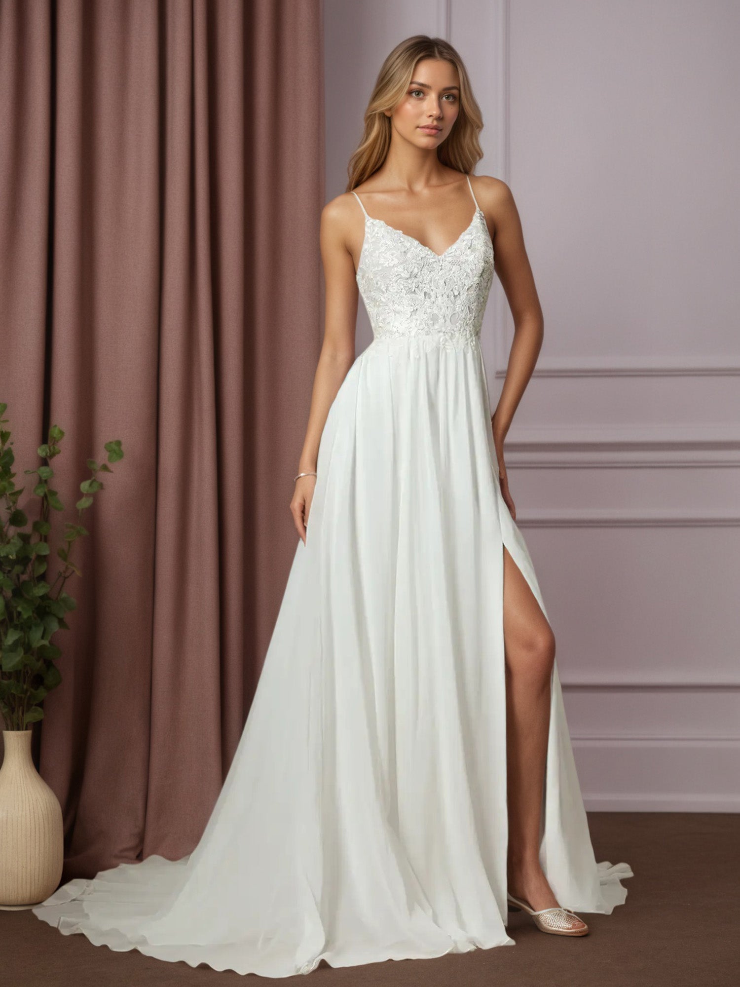 White A-Line Lace Chiffon Wedding Dress