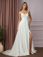 White A-Line Lace Chiffon Wedding Dress