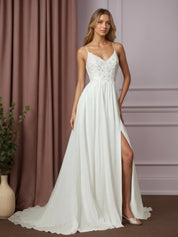 White A-Line Lace Chiffon Wedding Dress