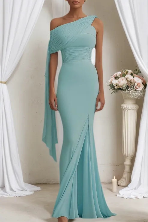 Formal Evening Dress Light Blue One Shoulder Draped Slit Floor Dress