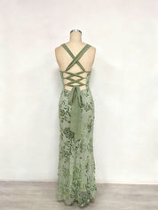 Lavender Square Neckline Floral Sequin Column Prom Dress with Wide Straps