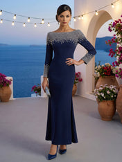 Formal Evening Dress Blue Velvet Long Sleeves Maxi Dress with Crystal