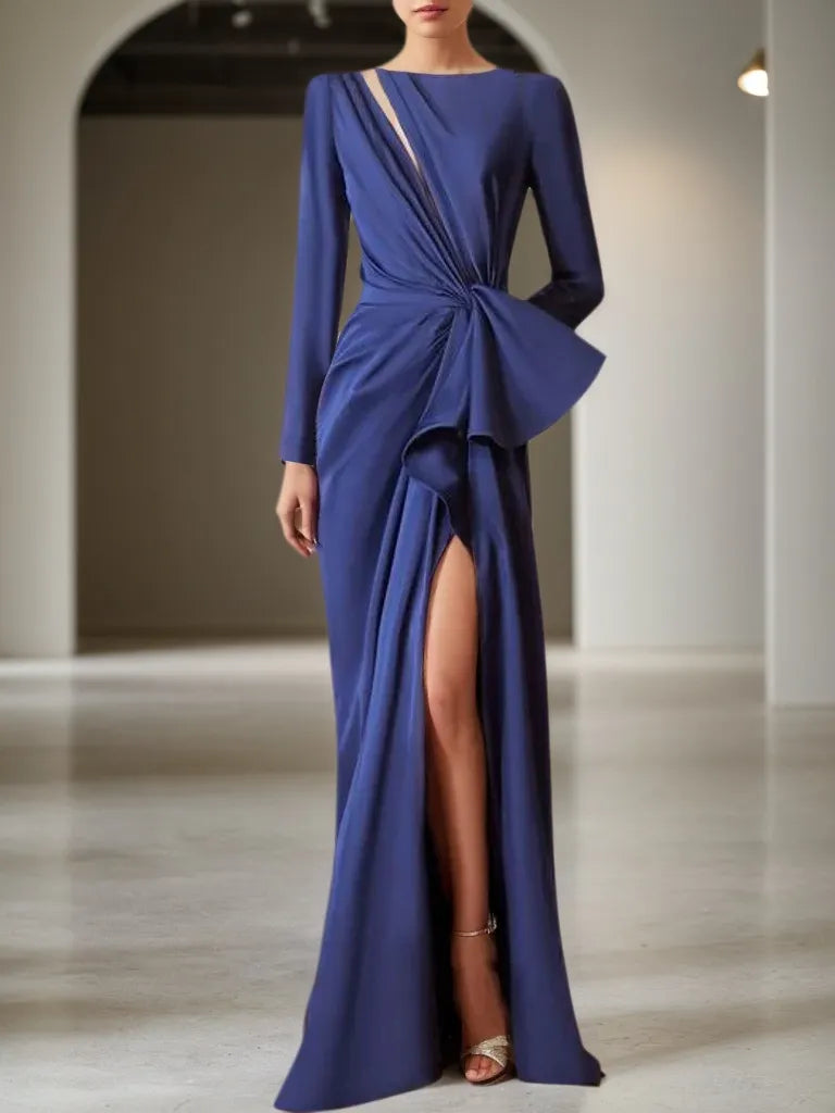 Navy Blue Cut Out Ruched Long Sleeve Slit A-Line Gown Maxi Dress