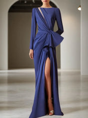 Navy Blue Cut Out Ruched Long Sleeve Slit A-Line Gown Maxi Dress