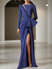 Navy Blue Cut Out Ruched Long Sleeve Slit A-Line Gown Maxi Dress