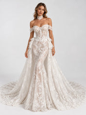 Off-the-Shoulder Lace Mermaid Wedding Dress with Detachable Overskirt and Choker