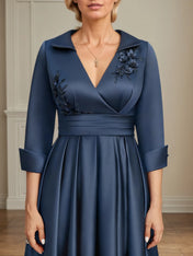 A-line V-Neck Collared Floor-Length Satin Mother of the Bride Dress With Beading 3D Floral Sequins Pleated