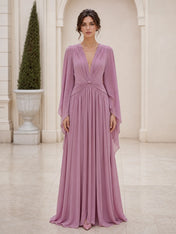 Deep V-Neck Pleated Chiffon Cape Sleeve Evening Dress