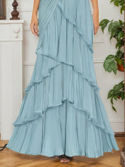 Formal Tiered Layer Dress Blue Sleeveless Pleated V-Neck Maxi Gown