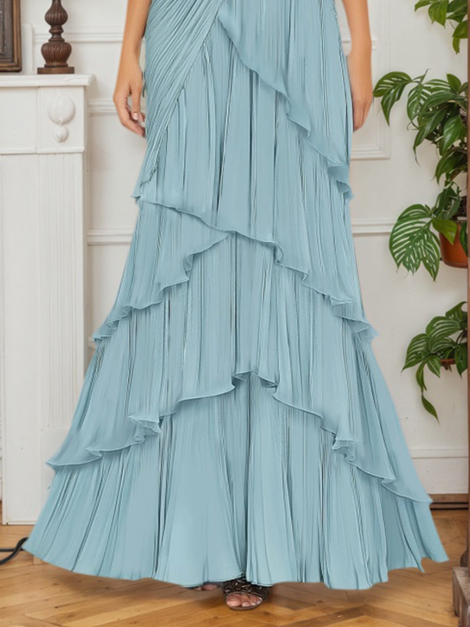 Dreamylily Women Formal Tiered Layer Dress Blue Sleeveless Pleated V-Neck Maxi Gown Dreamylily Women Formal Tiered Layer Dress Blue Sleeveless Pleated V-Neck Maxi Gown