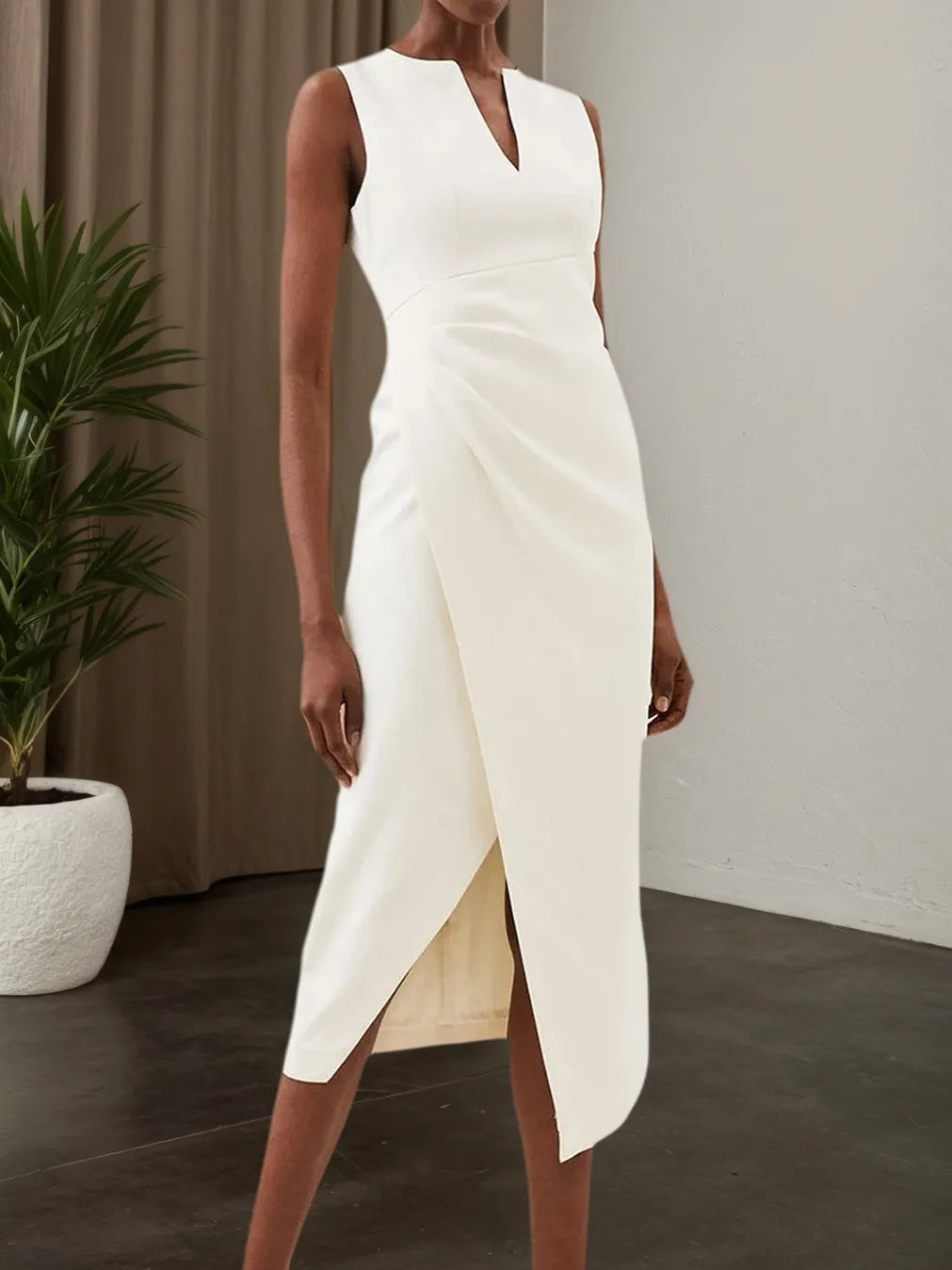 White V Neck Sleeveless Slit Sheath Midi Dress