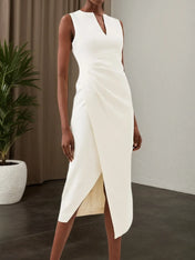 White V Neck Sleeveless Slit Sheath Midi Dress
