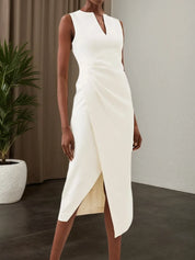 White V Neck Sleeveless Slit Sheath Midi Dress