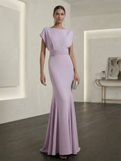Lavender Mermaid Gown Dress Ruched Classic Boat Neck Short Sleeve Raglan Sleeves
