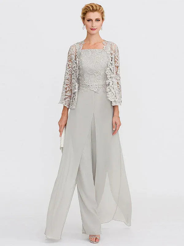 Ensemble 3 pièces en mousseline de soie avec col carré et veste pour mère de la mariée 