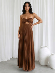 Brown Sweetheart Satin A Line Hollowed Maxi Dress with Pleat