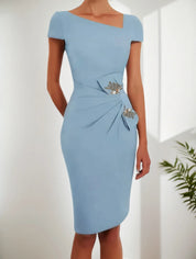 Light Blue Rhinestone Bow Short Sleeve Sheath Midi Dress