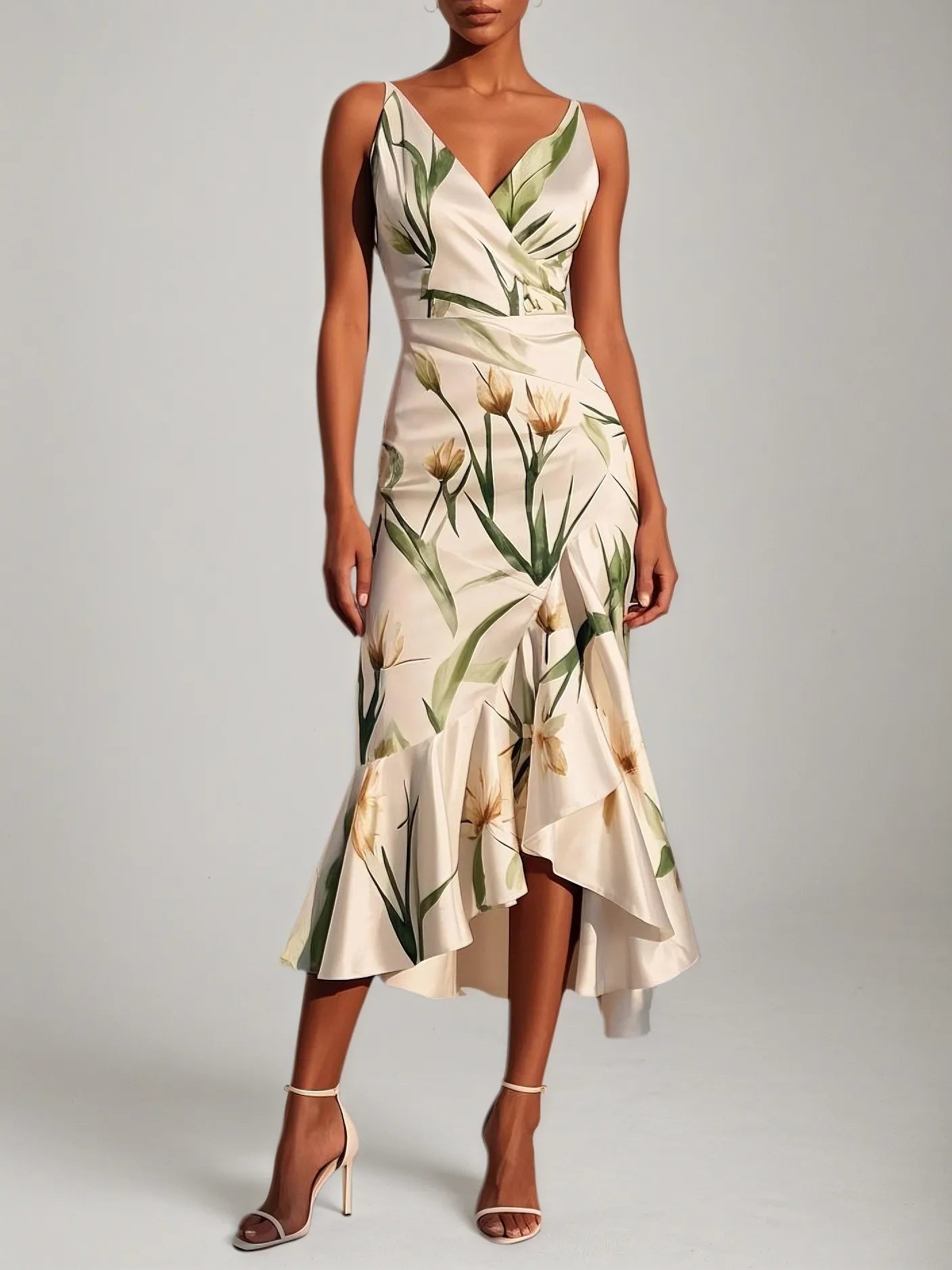 Off White V Neck Floral Mermaid Midi Satin Dress