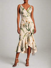 Off White V Neck Floral Mermaid Midi Satin Dress