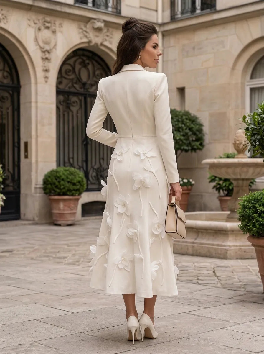 Blazer V-Neck Long Sleeve 3D Floral A-Line Midi Dress