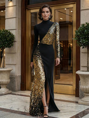 Elegant Black And Gold Sequin High-Neck Slit Maxi Dress Gown
