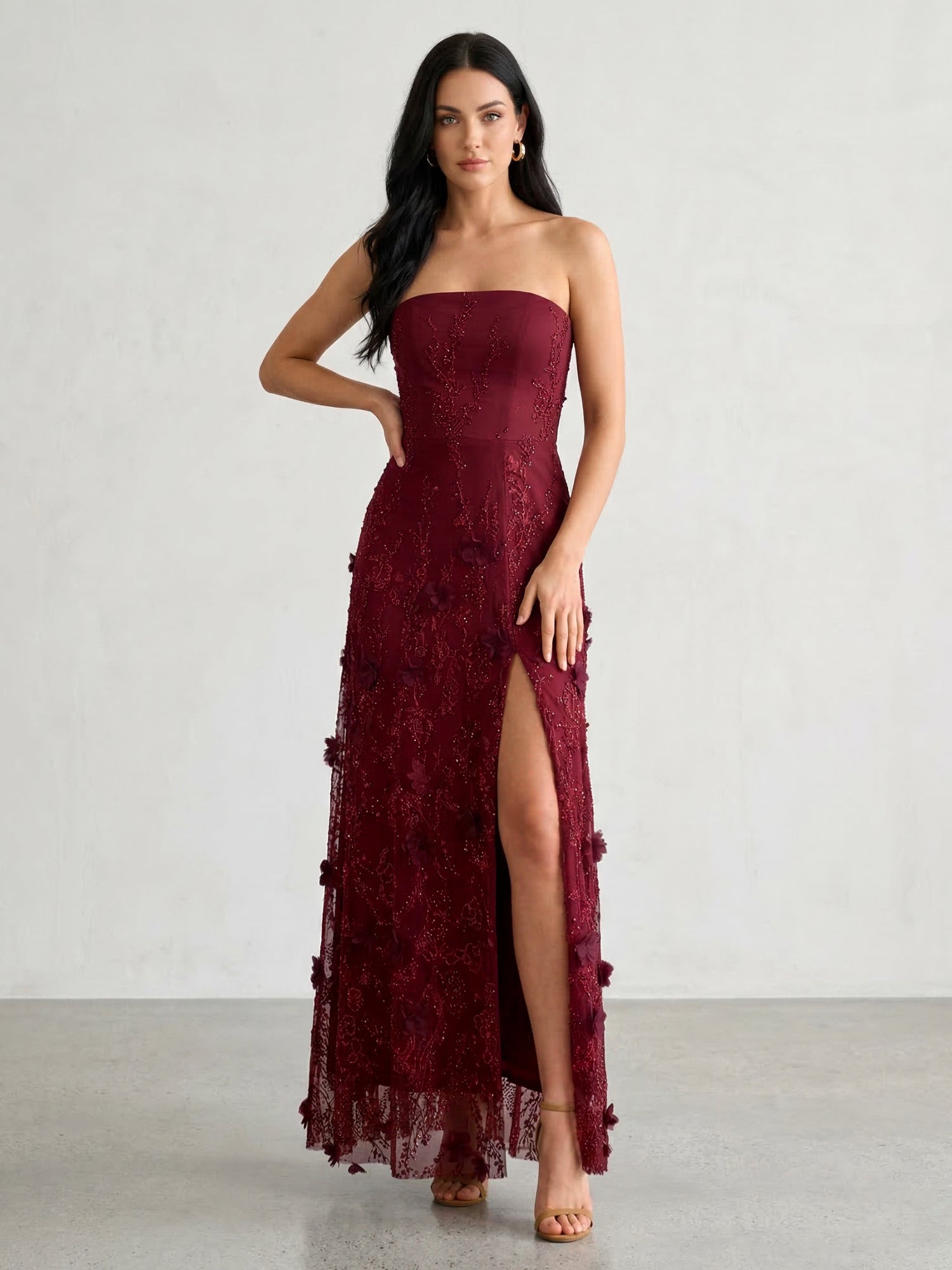 Burgundy 3D Floral Lace Strapless A-Line Gown with Side Slit