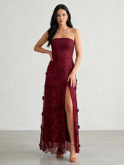 Burgundy 3D Floral Lace Strapless A-Line Gown with Side Slit