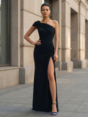 Black One Shoulder Mermaid Pleat Chiffon Evening Dress with Slit