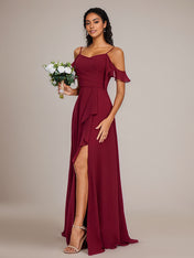Burgundy A-Line Spaghetti Straps Floor-Length Chiffon Bridesmaid Dress With Ruffle