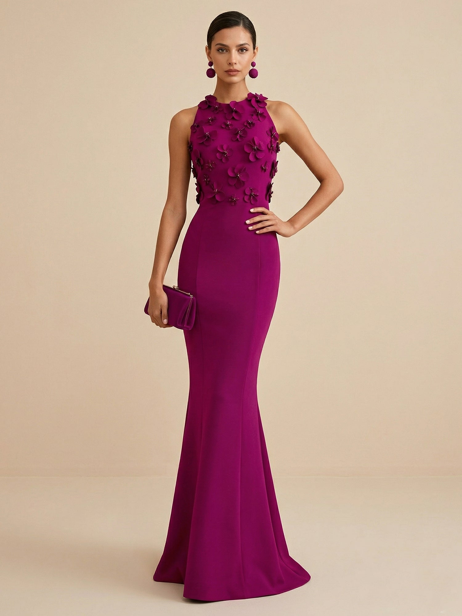 Deep Fuchsia Sleeveless High Neck 3D Floral Mermaid Formal Gown Evening Dress
