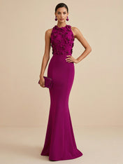 Deep Fuchsia Sleeveless High Neck 3D Floral Mermaid Formal Gown Evening Dress